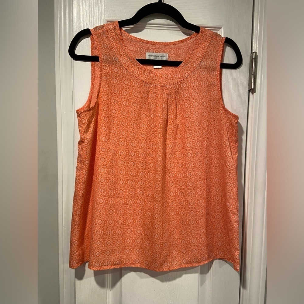 Christopher & Banks Size S Orange Coral Round Neck Sleeveless Pleated Front Top